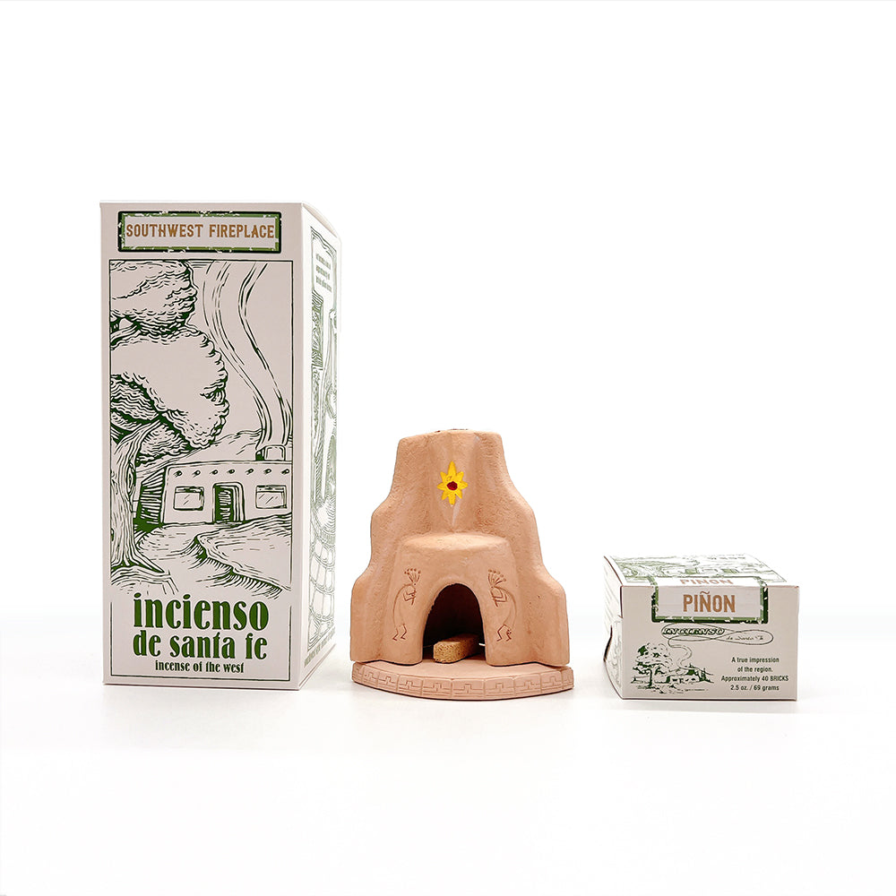 Southwest Style Corner Fireplace with Pinon 40 count Box of natural wood incense