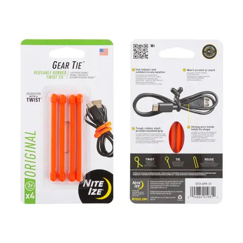 Gear Tie 3" 4 Pack - Bright Orange
