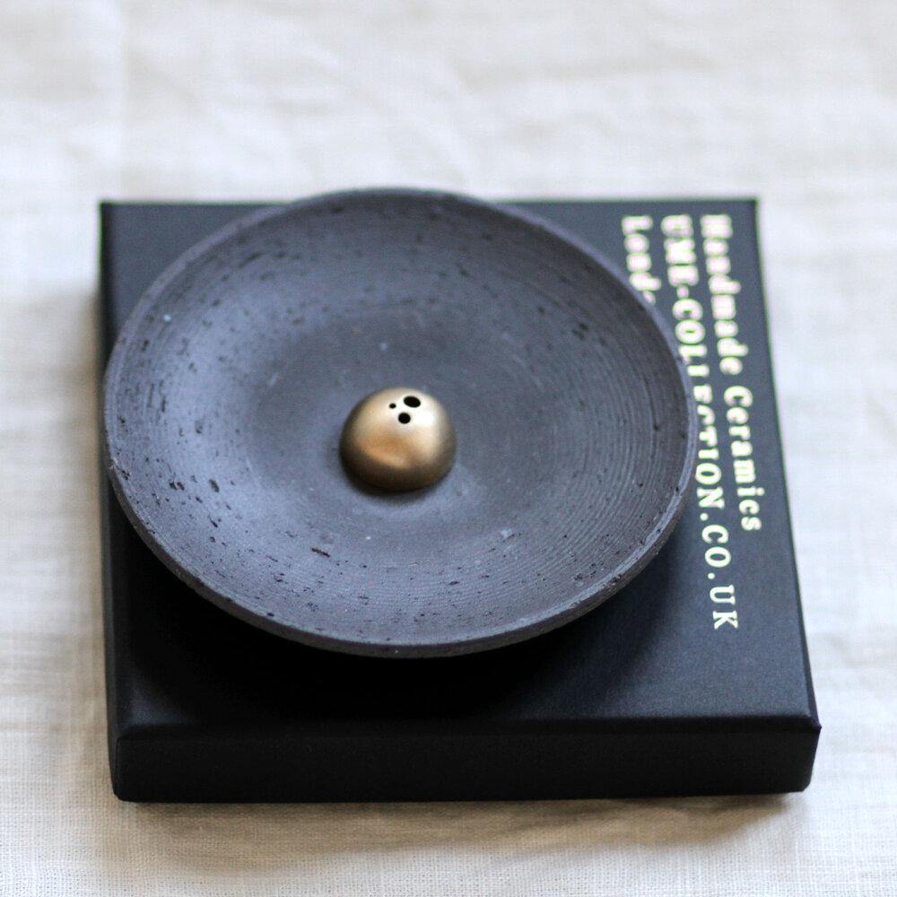 Black Smudging & Incense Dish with Gold Dome Holder